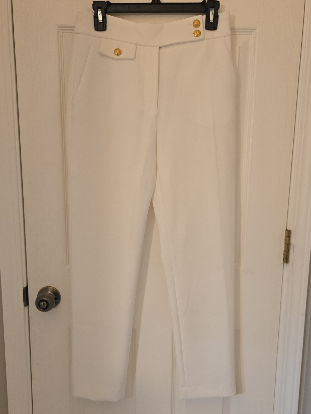 Veronica Beard Cream Straight-Leg Pants with Gold Buttons